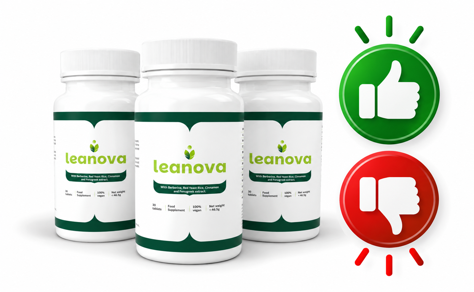 Leanova-Fläschchen mit Symbolen für Vor- und Nachteile